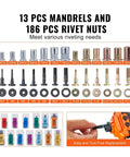 Super Cool 16 Inch Rivet Nut Tool Kit With Labor Saving Design, Featuring 13 Metric Sae Mandrels And A Bunch Of Rivet Nuts For Easy Auto Repair And Fastening Jobs Without Breaking A Sweat; 13 mandrels and 186 rivet nuts