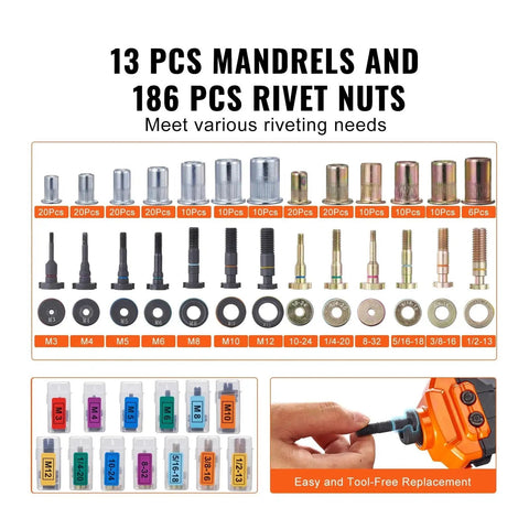 Super Cool 16 Inch Rivet Nut Tool Kit With Labor Saving Design, Featuring 13 Metric Sae Mandrels And A Bunch Of Rivet Nuts For Easy Auto Repair And Fastening Jobs Without Breaking A Sweat; 13 mandrels and 186 rivet nuts
