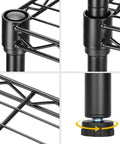 Heavy Duty Wire Shelving Units 36W By 14D By 32H Metal Storage Display Shelves With NSF Certification, 250 Lbs Per Tier Capacity, Rust Resistant Coated Finish, Easy Assembly For Garage Basement Workshop, Pro Grade Durable Steel Frame. Close-up of black steel shelf joints and adjustable leveling foot.