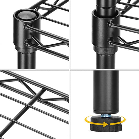 Heavy Duty Wire Shelving Units 36W By 14D By 32H Metal Storage Display Shelves With NSF Certification, 250 Lbs Per Tier Capacity, Rust Resistant Coated Finish, Easy Assembly For Garage Basement Workshop, Pro Grade Durable Steel Frame. Close-up of black steel shelf joints and adjustable leveling foot.