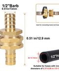 Hose Repair Kit 1/2 Inch Barb Brass Ends With 20 Clamps And 20 Washers shown with 1/2 inch barb connector fitting and hose dimensions.