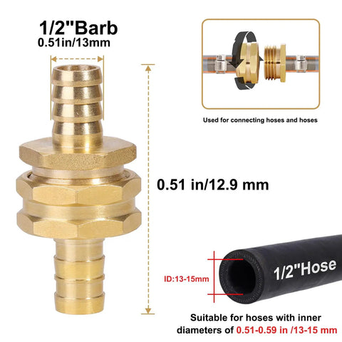 Hose Repair Kit 1/2 Inch Barb Brass Ends With 20 Clamps And 20 Washers shown with 1/2 inch barb connector fitting and hose dimensions.