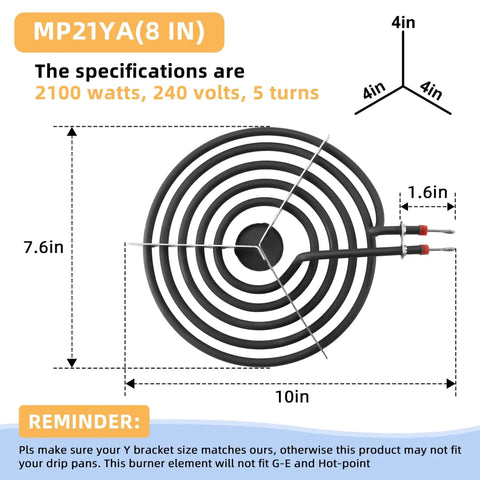 2 Pack MP21YA 8 Inch Electric Range Burner Elements Replacement For Whirlpool GE Kenmore Maytag Norge And Other Major Brands Fits MP22YA Stove Burner Easy Install And Durable Heat For Faster Cooking diagram with dimensions.