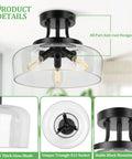 Black Semi Flush Mount Ceiling Light With Clear Glass Shade, 3-Bulb Fixture for Kitchen, Matte Black Finish