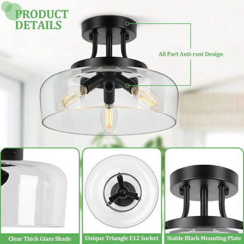 Black Semi Flush Mount Ceiling Light With Clear Glass Shade, 3-Bulb Fixture for Kitchen, Matte Black Finish