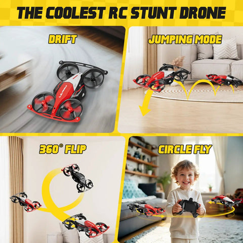 Child playing with Dual Mode Mini Indoor Drone And Flying Car For Kids 8 12 With 24 Track Set 360 Flips Altitude Hold Jump Fly Railcar