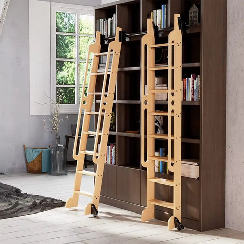 Rolling Library Ladder Kit With Telescopic Upper Roller For Loft Stairs And Bookshelves 3.3ft Sliding Track, wood ladder on bookshelf