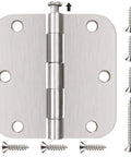 Close-up of 24 Pack Brushed Nickel Door Hinges Three And One Half Inch Interior Rounded Five Eighth Inch Radius with screws