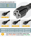 One Foot Nema 5-15P To 6-20R Electric Vehicle Charging Adapter Cable 12Awg Heavy Duty Power Extension Cord with socket compatibility chart.
