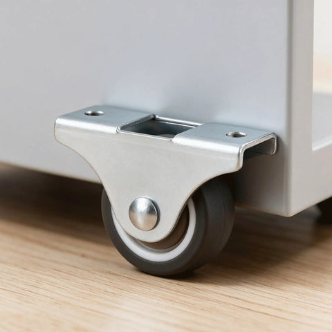 Dead Quiet Low Profile Caster Wheels Four Pack Rock Solid Furniture Casters With Durable Tpe Tires Flat Top Plate Mount showing mounted caster on furniture.