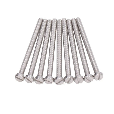 50 Pack M3 Stainless Steel Slotted Cheese Head Screws lined up, ideal for DIY projects and machine electronics, rustproof design.