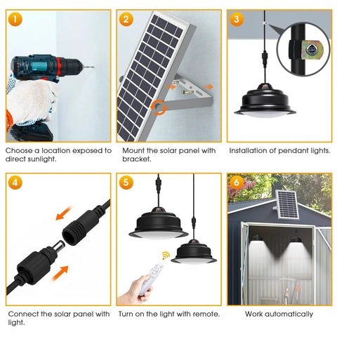 Installation steps for Dual Head Solar Pendant Lights IP65 Waterproof 6000K And 3000K Dimmable With Remote And Timer