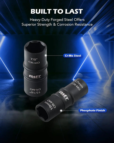 Five Piece One Half Inch Drive Lug Nut Socket Set With Impact Flip Sockets Metric 17 19 21 22 Mm And SAE showing CR-MO steel