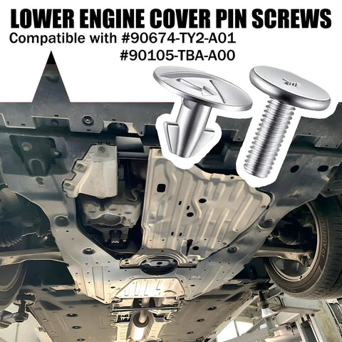 Heavy Duty 14 Piece Lower Engine Cover Pin Kit showing lower engine cover pin screws under Honda Civic for maintenance.