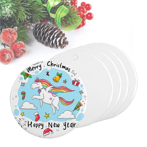 Bulk Pack Of 12 Sublimation Ceramic Ornaments 2.83 Inch Round White Gloss Finish Blank Hanging Ornaments with unicorn design