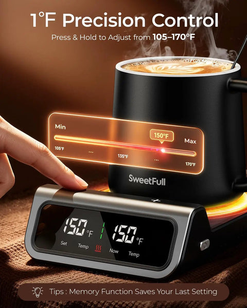 Keep Your Favorite Coffee Popping Hot All Day With Smart Infrared Mug Warmer Set, showing digital temperature control and mug.