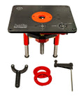 Universal Router Lift Mast-R-Lift II With Built In Locking System for above table bit changes, wrench, and hardware shown