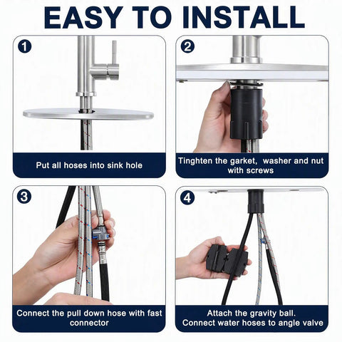 Assembly instructions for Heavy Duty Kitchen Faucet With Slick Pull Down Sprayer, showing steps for simple installation.