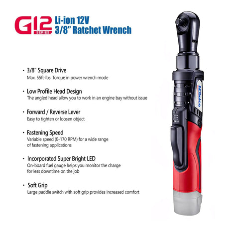 Heavy Duty Cordless Three Tool Combo Kit Featuring Power Drill Driver Snappy Impact Driver And Socket Ratchet With Two Swap Out Batteries For Weekend Warriors 3/8 inch ratchet wrench with low profile design and soft grip.