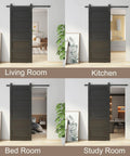 32 By 80 Inch Sliding Barn Door Kit With Wave Pattern Door Panel installed in various rooms, matte black, MDF core, PVC cover.