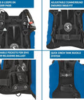 Navigator Lite Back-Inflated Scuba BCD with Balanced Power Inflator, black, size 2X-Small to Medium, adjustable cummerbund, detachable pockets