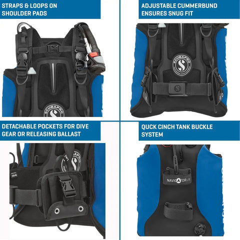 Navigator Lite Back-Inflated Scuba BCD with Balanced Power Inflator, black, size 2X-Small to Medium, adjustable cummerbund, detachable pockets