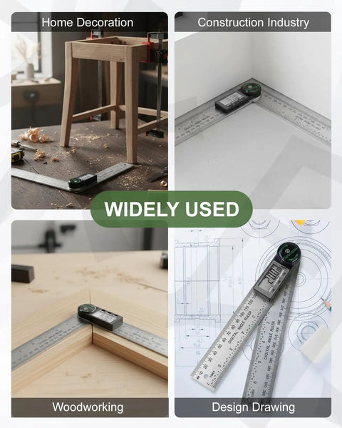 Heavy Duty Stainless Steel Digital Angle Finder With Dual Scale Folding Ruler And Big Clear Screen for precision in woodworking and construction.