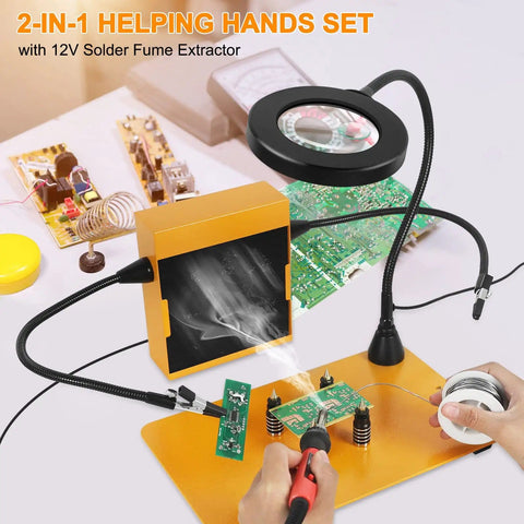 Helping Hands Soldering Third Hand With 3X And 6X LED Magnifying Lamp Hot Air Gun Holder 12V Solder Fume Extractor in use