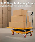 Heavy Duty Hydraulic Lift Table Cart Featuring 770 Pound Load Capacity And Rock Solid Double Scissor Mechanism For Warehouse Operations with boxes.