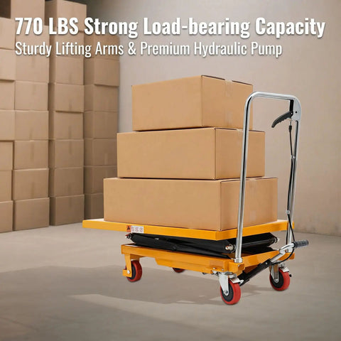 Heavy Duty Hydraulic Lift Table Cart Featuring 770 Pound Load Capacity And Rock Solid Double Scissor Mechanism For Warehouse Operations with boxes.