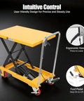 Heavy Duty Hydraulic Scissor Lift Table Cart With 500 Pound Capacity, Adjustable Height Platform features ergonomic handle and foot pedal.