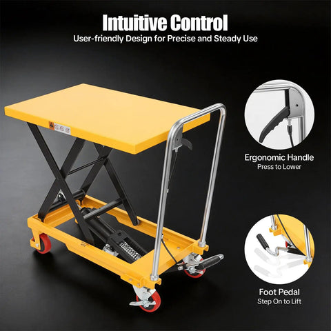 Heavy Duty Hydraulic Scissor Lift Table Cart With 500 Pound Capacity, Adjustable Height Platform features ergonomic handle and foot pedal.