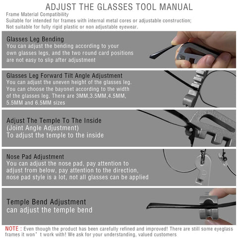 Instruction sheet for All In One Eyeglass Frame Adjustment Tool For DIY Glasses Repair Curvature Bender For Temple Arms And Nose Pads