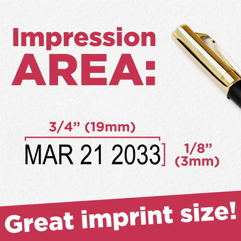 Top Notch Heavy Duty Self Inking Date Stamp Red Month Day Year Format featuring impression area MAR 21 2033 size 3/4".