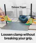 Grr-rip Clamp 4-Pack For Dovetail Grooves, One-Handed Squeeze Action Clamp with tool on workbench, 150 lb holding power
