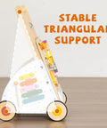 Flat Out Favorite For Little Kiddos With This Wooden Baby Walker Activity Center showing stable triangular support and sensory modules.