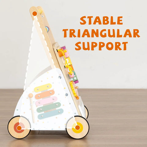Flat Out Favorite For Little Kiddos With This Wooden Baby Walker Activity Center showing stable triangular support and sensory modules.