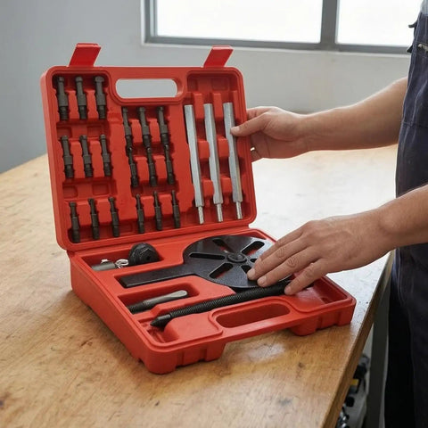 Thinking Process: heavy duty bearing extractor puller kit in red case, steel 3-arm set for auto repair