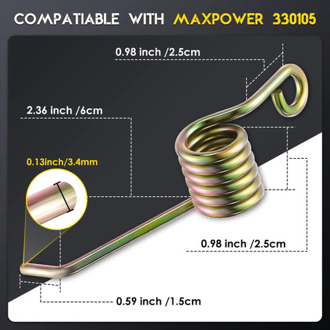 4 Pack Universal Power Rake Replacement Springs For Maxpower 330105 Dethatcher 16 Inch Mower Blade And Arnold 16 Inch Dethatching Replacement Blade With Easy Install Fits Most Lawn Mowers; close-up details and dimensions shown