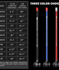 Three Magnetic Alignment Rods For Golf Swing Training Aid in black, blue, and red colors with a club length chart.