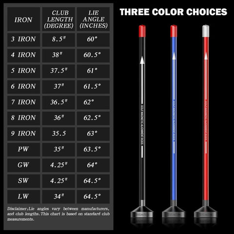 Three Magnetic Alignment Rods For Golf Swing Training Aid in black, blue, and red colors with a club length chart.