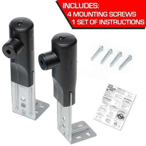 Safe T Beam Replacement Kit For Garage Doors With UL Solutions Certified Safety Beams Includes Sender And Receiver shown with screws and instructions