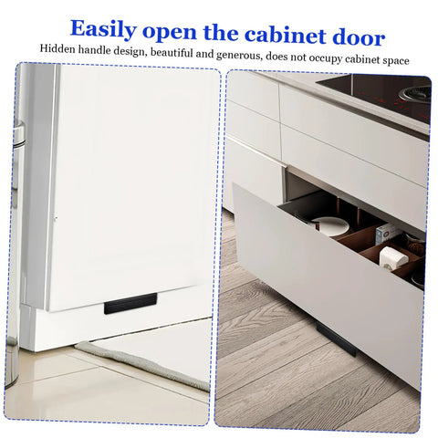 Modern Kitchen Cabinet Foot Pull Handle With Hidden Door Handle For Trash Drawer Carbon Steel Sturdy Cabinet Opener Built To Last Sleek Low Profile Pull Hardware No Frills, showing side view installed on kitchen cabinet.