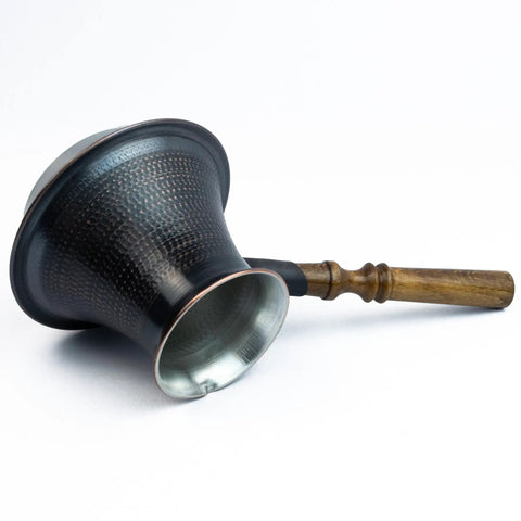 Side view of Copper Turkish Armenian Coffee Pot With Wooden Handle 27 Fl Oz 800 Ml Induction Ready Jezve Jazzve Ibrik Maker