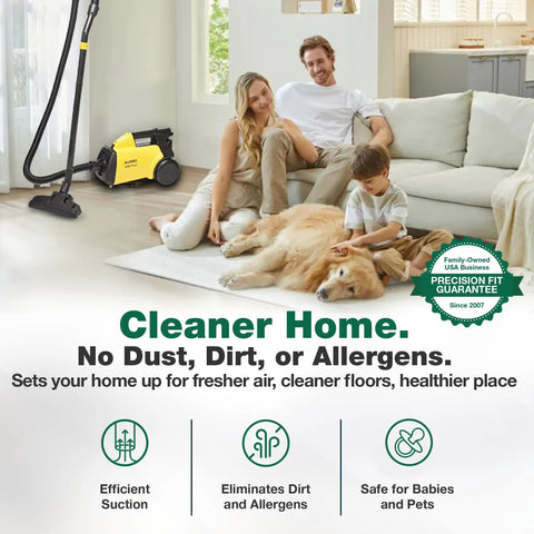 Family relaxing in home with Mighty Mite Vacuum Cleaner on beige carpet next to sofa with dog and child, promoting dust-free environment.