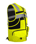Top Shelf Hi Vis Safety Vest Equipped With Authentic 3M Reflective Strips For Road Crews And Night Shift Grinds Breathable Knitted Construction Garment Packing Ten Utility Pockets For Serious Work Ready Performance, side view showing ten pockets and breathable mesh.