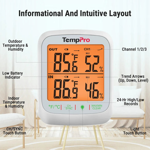 Longest Range Wireless Indoor Outdoor Thermometer With Sensor And Humidity Monitor 1000 Ft RF Tech For Real Time Temperature And Humidity Readings Easy Setup No Fuss Monitoring Crystal Clear Readings digital display in bedroom