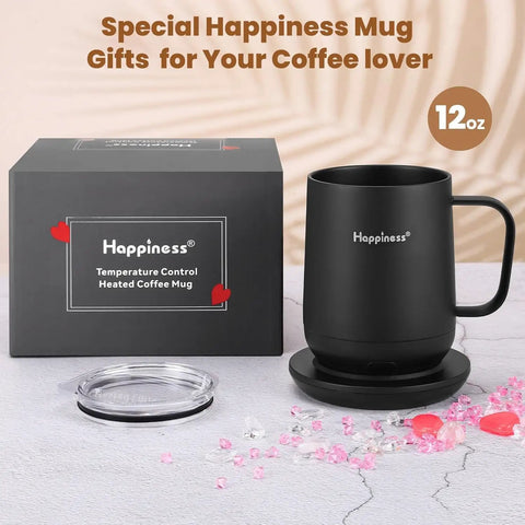 Self Heating Coffee Mug With Temperature Control Smart Cup 12 Oz Travel Warmer with spill-resistant lid and charging base.