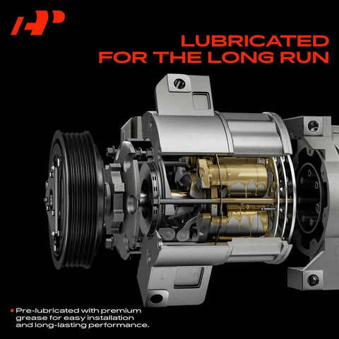 Direct Fit A/C Compressor With Clutch showing internal components and lubrication features for durability and performance.