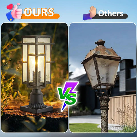 Outdoor Dusk To Dawn Post Light Set In Matte Black With Clear Glass Panels beside a worn-out exterior lamp post.